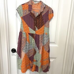 Women's Boho Bohemian Patchwork Babydoll Dress Size XL Shirtdress Cottagecore